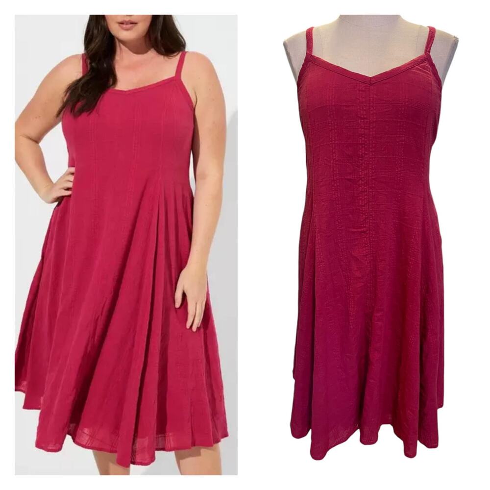 Torrid Plus Size 2 Berry Midi Textured A-Line Swing Cotton Tank Sun Dress V Neck